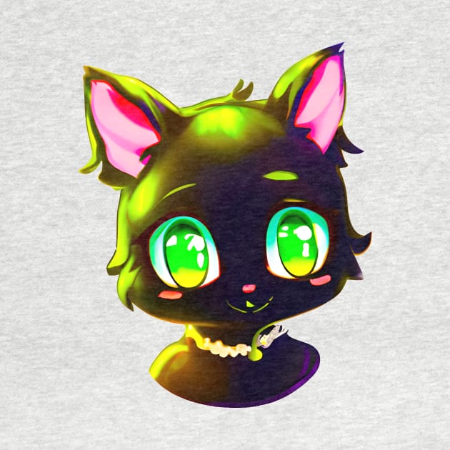 Black cat with green eyes wearing necklace by Meowsiful